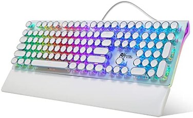 RK ROYAL KLUDGE White Typewriter Mechanical Gaming Keyboard with Rainbow RGB BacklightSidelight, Retro Punk Round Keycaps, and Removable Wrist Rest