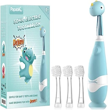 Papablic Toddler Sonic Electric Toothbrush Kids for Ages 1-3 Years, Baby Electric Toothbrush with Cute Dino Cover and Smart LED Timer, 4 Brush Heads (Debby