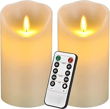 Antizer Battery Operated Flameless Candles, Ivory Real Wax Pillar LED Candles with 10 Key Remote Control and 24 Hour Timer (Pack of 2-8.5cm x 6.24cm