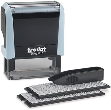 طقم ختم Trodat Printy 4912 ذاتي التحبير باللون الأزرق الباستيل، يمكنك صنعه بنفسك (DIY) - 4 أسطر - لتخصيص الرسائل أو العناوين بحبر أسود، حجم النقش: 0.75 بوصة × 1-7/8 بوصة