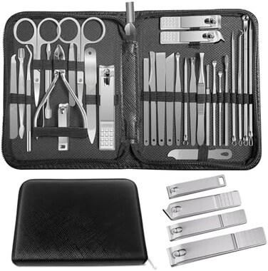 Andrea Manicure Set Professional Set Nail Clippers Pedicure Kit-30 Pieces Stainless Steel Manicure Kit,Grooming Kit Nail Care Tools with Luxurious Travel Case Silver
