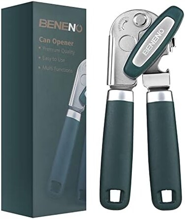 Beneno Manual Can Opener, Green, Carbon Steel Blade, Soft Rubber Handle, Built-in Bottle Opener