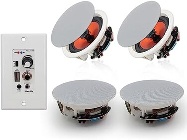 Herdio 6.5'' Bluetooth in Wall in Ceiling Speakers 600W 2-Way Flush Mount Speakers System with Wall Amplifier Receiver for Home Theater Office Bathroom(2Pairs, Paintable-Grille