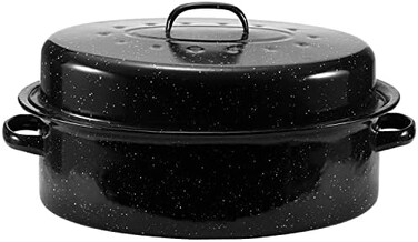 صينية تحميص من الجرانيت من JY COOKMENT، صينية تحميص مطلية بالمينا مقاس 19 بوصة مع غطاء مقبب - وعاء تحميص بيضاوي للديك الرومي والدجاج والضأن والخضراوات - أدوات طهي آمنة للغسل في غسالة الأطباق تناسب ديك