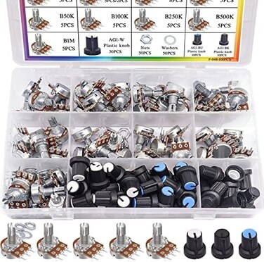 Taiss 100PCS Potentiometer Kit,WH148 B1K 5K 10K 20K 50K 100K 250K 500K 1M ohm potentiometers,Potentiometer Assortment,Single Linear Taper Potentiometer 3 Terminal with Knobs,Nuts and Washers