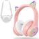 LOBKIN Bluetooth 5.3 Kids Headphones with Bag - RGB LED Light Up Cat Ears Foldable Adjustable On-Ear Headset Support Wireless or 3.5mm Wired Mode for ToddlerGirlsBoys Teens (Pink