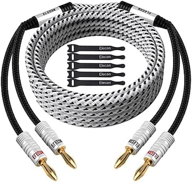 سلك مكبر صوت إليكان 14 AWG بطول 8 أقدام مع موصلات طرفية مطلية بالذهب من نوع الموز - مصنف CL2 - للتثبيت داخل الجدار - مضفر من النايلون شديد التحمل، نحاس خالٍ من الأكسجين (OFC-أبيض) - مع 5 روابط كابل
