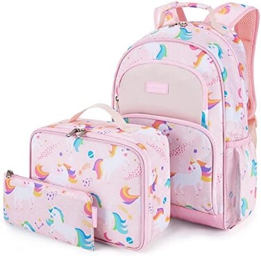 mommore Kids Backpack Set, Unicorn Backpack for Girls Lightweight Elementary Bookbag for Students School backpack for Children with Chest Strap Water Resistant,3pcs pink
