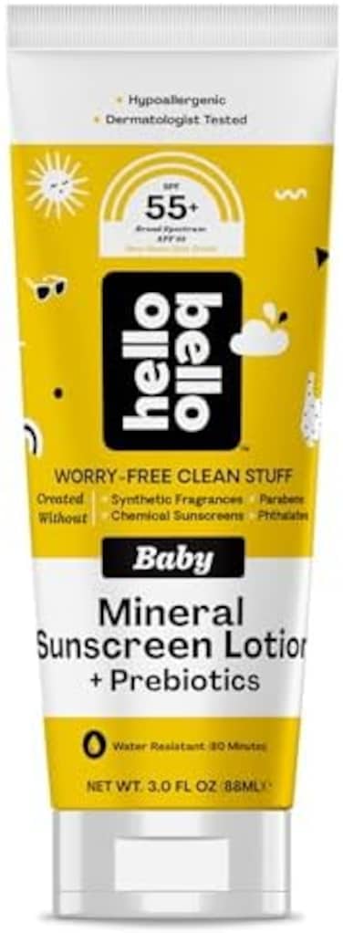 Hello Bello ' Sunscreen Mineral Lotion with Zinc Oxide - 55 SPF Broad Spectrum UVA/UVB Protection - Water Resistant, Hypoallergenic, DermatologistClinically Tested - 3 Fl Oz (Pack of 1