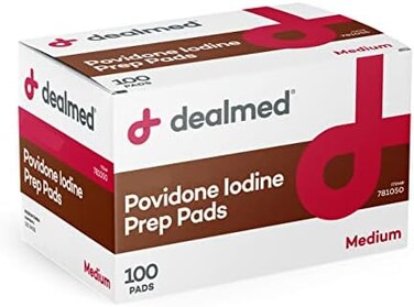 Dealmed Povidone Iodine Prep Pad 10% - Individually Sealed Packets Perfect for Wound Care and Portable First Aid Kits, 100/Box (Pack of 1