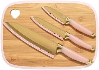 Paris Hilton Cutlery Set with Bamboo Cutting Board, 7-Piece, Pink