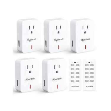 Syantek Wireless Remote Control Electrical Outlet Switch for Household Appliances, Expandable Remote Light Switch Kit, 100ft RF Range,White 5 outlets2 remotes（White