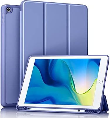 جراب Akkerds متوافق مع iPad مقاس 10.2 بوصة (إصدارات 2021/2020/2019)، مناسب لأجهزة iPad من الجيل التاسع/الثامن/السابع، مزود بحامل قلم، غطاء واقٍ بظهر TPU ناعم، خاصية التشغيل/الإيقاف التلقائي، أزرق/بنفس