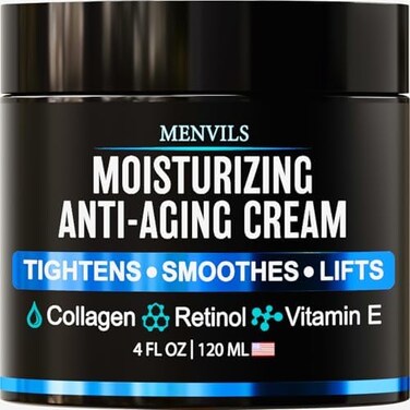 Menvils Mens Face Moisturizer Cream - Anti AgingWrinkle for Men with Collagen, Retinol, Vitamins E, Jojoba Oil - Face Lotion - Age Facial Skin Care - Eye Wrinkle - DayNight - 4 oz