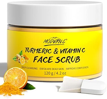 POP MODERN.C Vitamin C and Turmeric Face Scrub Cream Organics Microdermabrasion Facial Scrub Brightening Exfoliating Clears Blackheads Improve Dark Spot Acne with Strawberry Extract Exfoliator