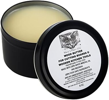 Macy's Place Wood Butter Cutting Board Wax - 8 oz - Conditioner for Butcher Block and Wooden Kitchen Tools. Food Grade Mineral Oil and Beeswax for Wooden Tools. Support Animal Rescue