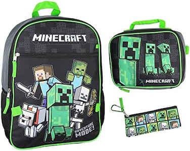 Bioworld Minecraft Backpack Set with Detachable Lunch Box 16" 4 Piece Set, Multicolor, One Size