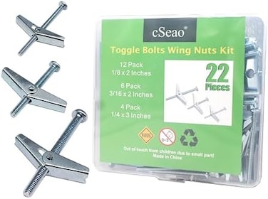 cSeao 22 Pieces Heavy Duty Drywall Ceiling TV Anchors Toggle Bolt Assortment Kit, 1/8" 1/4" 3/16" Spring Loaded Hollow Wall Inserted Bolt Wing Nuts