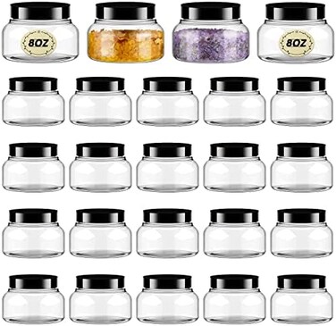 Tessco for you Tessco 24 Pack Plastic Jars with Lids Labels Empty Clear Plastic Jars Round Refillable Cosmetic Containers Body Butter Containers Bulk Sugar Scrub Bottle for Make Up (8 oz,Clear, Black