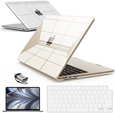 جراب IBENZER متوافق مع أجهزة MacBook Air مقاس 13 بوصة موديلات 2022 و2023 و2024 (M3 A3113 M2 A2681)، جراب صلب مع غطاء لوحة مفاتيح وشاشة حماية ومحول Type-C لجهاز Mac Air مقاس 13.6 بوصة، شفاف تمامًا، AT1