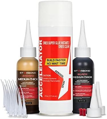 Starbond Premium Grade Cyanoacrylate (CASuper Glue - Black (2ozand Brown (2ozMedium-Thick Viscosity "Knot Filler" and Aerosol Accelerator (6ozBundle for Woodworking, Woodturning, Carpentry