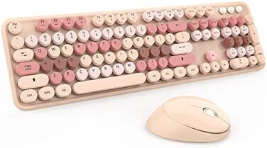 Kootop Wireless Keyboard and Mouse Combo, Colorful Retro Keyboard with Round Keycaps, 2.4GHz Wireless, Compatible with PC/Laptop/Computer (MilkTea Color