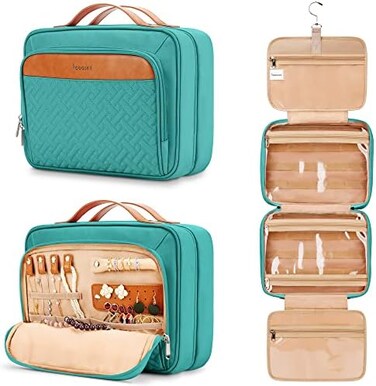 COOSKY Travel Hanging Toiletry Bathroom Bag for Women, Cruise Ship Essentials, with Jewelry Organizer, Extra Large Makeup Dopp Kit, Waterproof Cosmetic Bags, Toiletries Kit Set with Trolley Belt, Blue
