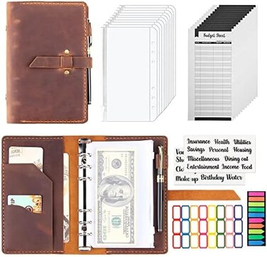 Robrasim Leather Binder Budget with Cash Envelopes, Handmade Leather A6 Binder for Money Saving Planner, Cash Envelopes for Budgeting, Money Organizer for Cash - Brown