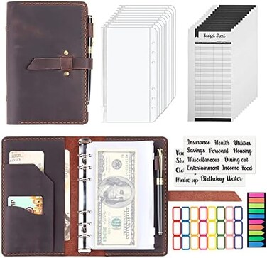 Robrasim Leather Binder Budget with Cash Envelopes, Handmade Leather A6 Binder for Money Saving Planner, Cash Envelopes for Budgeting, Money Organizer for Cash - Coffee