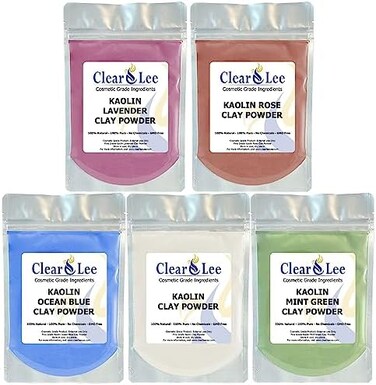 ClearLee Kaolin Clay Cosmetic Grade Powder Sample 5 Pack (White, Rose, Ocean Blue, Mint Green, Lavender- 100% Pure Natural Powder - Great For Skin Detox, Rejuvenation - DIY Clay Face Mask