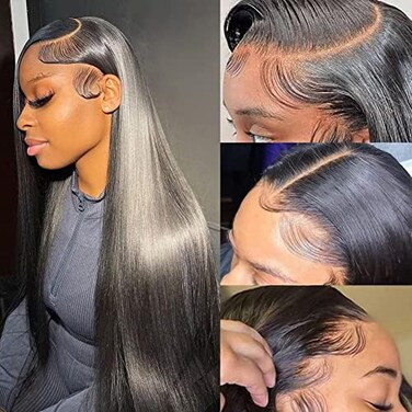 Subella 13x4 HD Straight Lace Frontal Wig Pre Plucked Hairline with Baby Hair Glueless 180% Density Transparent Lace Front Human Hair Wigs for Black Women Natural Black Color (30inch