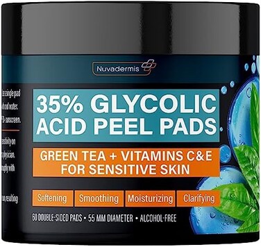 NUVADERMIS Exfoliating Facial Peel Pads 35% Glycolic Acid for Natural Skin Resurfacing, Blackheads, Dark Spots, and Acne - Sensitive Skin Safe - 60 Double-Side Pads