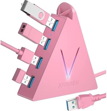 JoyReken 4-Port USB 3.0 Hub, FlyingVHUB Vertical Data USB Hub with 2 ft Extended Cable, for Mac, PC, Xbox One, PS4, PS5, iMac, Surface Pro, XPS, Laptop, Desktop, Flash Drive, Mobile HDD(Pink