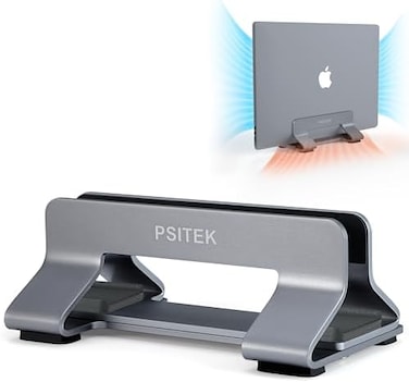 Psitek Aluminum Vertical Laptop Stand Dock Holder, Adjustable Slot Width (12-42mm/0.5-1.65 inch, Space-Saving Upright Storage for MacBook and Laptops, Version 2023