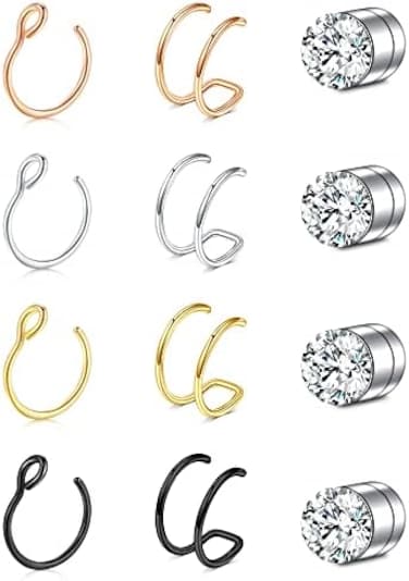 Longita Fake Nose Ring Hoop Fake Septum Fake Nose Ring Magnetic Fake Nose Rings for Women Fake Nose Piercing Fake Double Hoop Fake Nose Ring Fake Earrings Hoop