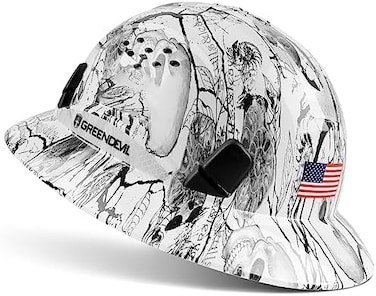 GREEN DEVIL Full Brim Hard Hat Vented Construction Safety Helmet OSHA Approved Cascos De Construccion ABS Work Hardhat for MenWomen 6 Point Adjustable Ratchet Suspension Custom Pattern Design