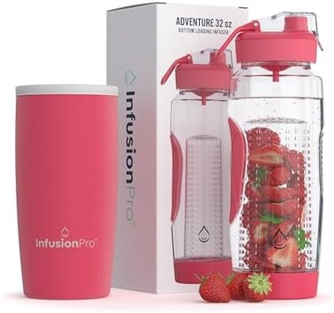 زجاجة ماء Infusion Pro سعة 32 أونصة مع مصفاة فواكه وغطاء عازل، وكتاب إلكتروني يحتوي على 50 وصفة لماء منقوع بالفواكه: تعبئة سفلية، مصفاة ماء كبيرة لمزيد من النكهة: فكرة هدية مميزة للنساء