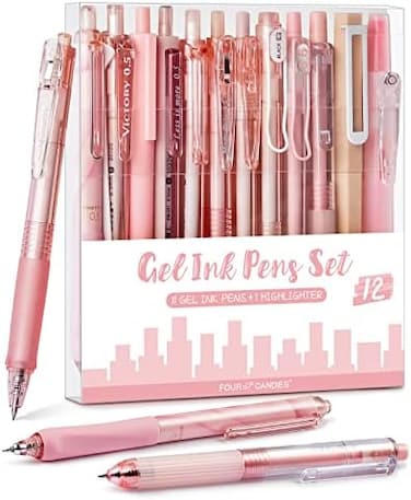 Four Candies 12Pack Pastel Gel Ink Pen Set, Cute Note Taking 0.5mm Fine Point Retractable 11 Pack Black Ink Pens with 1Pack Highlighter Writing, School, Office (Pink