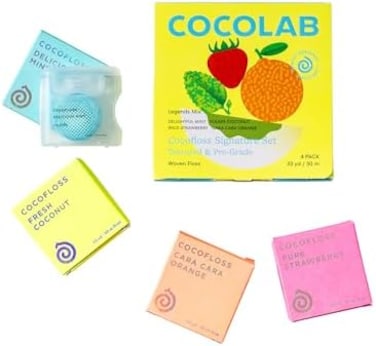 خيط تنظيف الأسنان الفاخر COCOFLOSS، غني بزيت جوز الهند، مصمم من قبل أطباء الأسنان، نباتي وخالٍ من القسوة على الحيوانات، مناسب للرجال والنساء، عبوة تكفي 8 أشهر (33 ياردة × 4 عبوات) بنكهات جوز الهند، ال