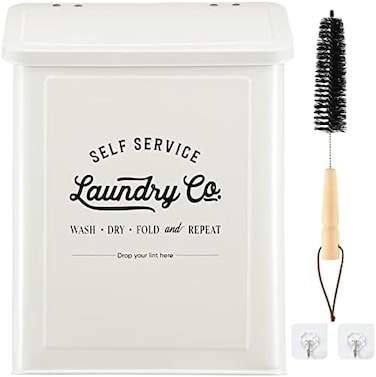 MONJITA Magnetic Lint Bin for Laundry Room, Metal Trash Can with Lid for Dryer, Farmhouse Lint Holder, Laundry Co Sign, Laundry Room Storage Decor with Dryer Lint Brush(White
