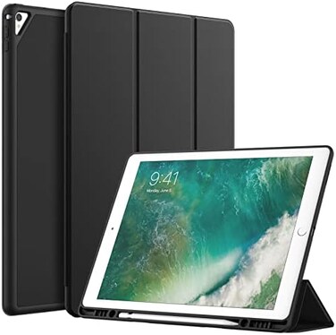 جراب JETech لجهاز iPad Pro مقاس 12.9 بوصة (موديل 2015/2017، الجيل الأول/الثاني) مع حامل قلم، غطاء نحيف للجهاز اللوحي مع ظهر من مادة TPU الناعمة، خاصية التشغيل/الإيقاف التلقائي (أسود)