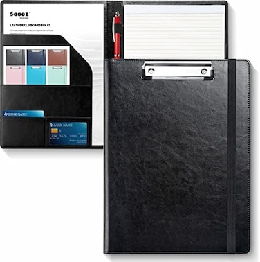 Sooez Clipboard Folder with Refillable Notepad, Premium PU Leather Clipboard Folio, Versatile Clipfolio with Storage, Letter Size Clipboard Notebook, Portfolio Clipboard with Pockets for School Office