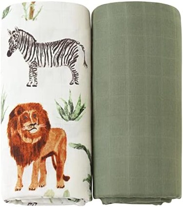 LifeTree Muslin Swaddle Blankets, Woodland Baby Swaddling Neutral Receiving Blanket for BoysGirls, 70% Viscose from Bamboo and 30% Cotton, Large 47 x 47 inches Safari Jungle/Olive Green