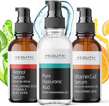 YEOUTH Retinol Serum for Face, Vitamin C Serum for Face with Hyaluronic Acid Serum for Face, Retinol for Face Serum, Vitamin C Face Serum for Women, Skin Care Set 3x1 oz