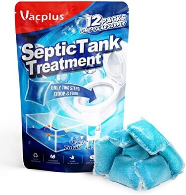 Vacplus Septic Tank Treatment 12 Pcs for 1-Year Supply, Dissolvable Septic Tank Treatment Packs with Easy Operation, Durable Biodegradable Septic Tank Treatment Enzymes for Wastes, GreasesOdors