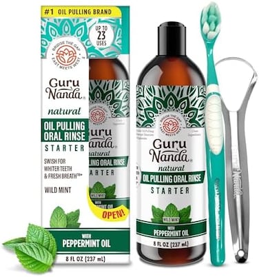 GuruNanda Oil Pulling (8 Fl.Ozwith CoconutPeppermint Oil with Tongue Scraper Inside the Box - Natural, Alcohol Free Mouthwash to Help With Fresh Breath, Teeth Whitening and Healthier TeethGums