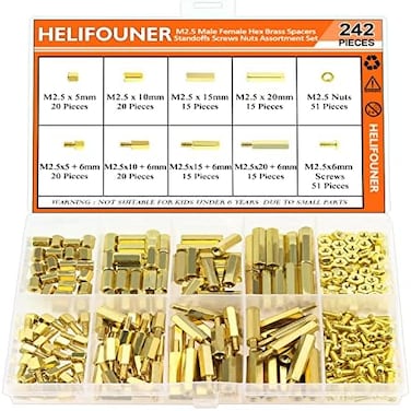 HELIFOUNER 242 Pieces M2.5 Male Female Hex Brass Spacers Standoffs Screws Nuts Assortment Kit, Threaded Pillar for Printed Circuit Board Motherboard