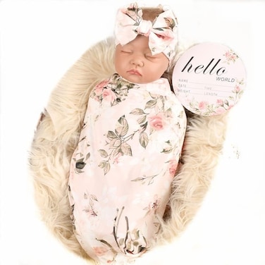 Galabloomer Newborn Receiving Blanket Headband Set Flower Print Baby Swaddle Receiving Blankets (Vintage