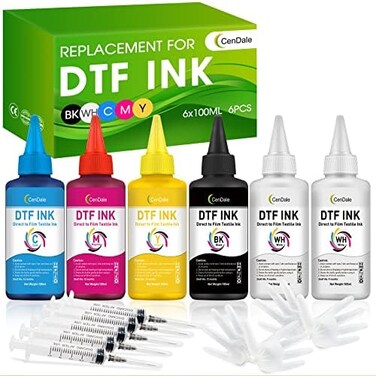 حبر سينديل الممتاز DTF سعة 600 مل - حبر نقل DTF لأفلام PET، عبوة إعادة تعبئة لطابعات DTF من إبسون ET-8550، XP-15000، L1800، L805، R1390، R2400، طباعة نقل حراري مباشرة على الفيلم (100 مل × 6، CMYK أبيض