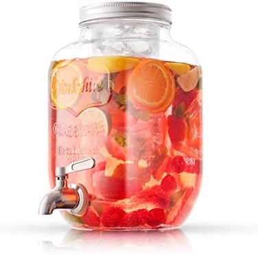 JoyJolt 1-Gallon Drink Dispenser. Glass Beverage Dispenser with Spigot plus Ice Cylinder and Fruit Infuser! Water Dispenser, Lemonade Stand, Punch Bowl, Juice Container - Drink Dispensers for Parties